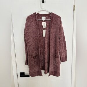 Pink Rose Mauve Chenille Open-Front Cardigan with Pockets